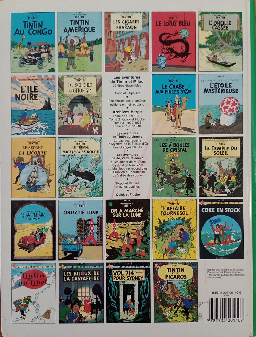 Verso de l'album Tintin Tome 11 Le Secret de la Licorne