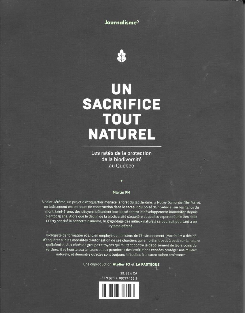 Verso de l'album Un sacrifice tout naturel Les ratés de la protection de la biodiversité au Québec