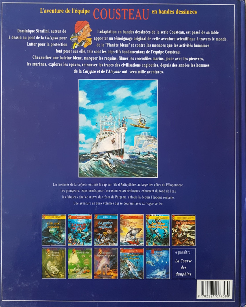 Verso de l'album L'Aventure de l'équipe Cousteau en bandes dessinées Tome 6 Le Mystère de l'Atlantide 1 - Le Trésor de Pergame