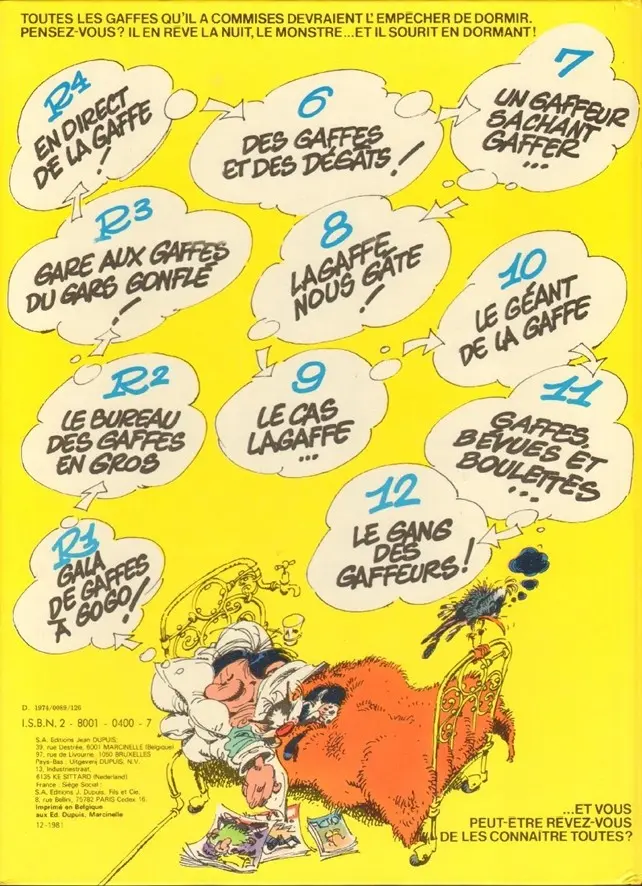Verso de l'album Gaston Tome 12 Le Gang des gaffeurs