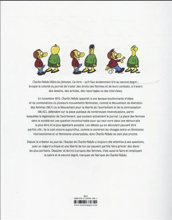 Verso de l'album Charlie Hebdo libère les femmes Un demi-siècle d'articles et de dessins sur le droit des femmes