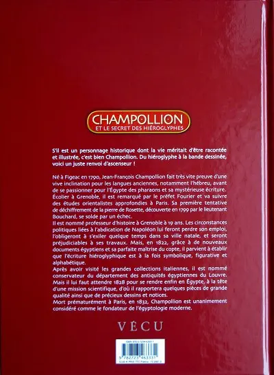Verso de l'album Champollion et le secret des hiéroglyphes