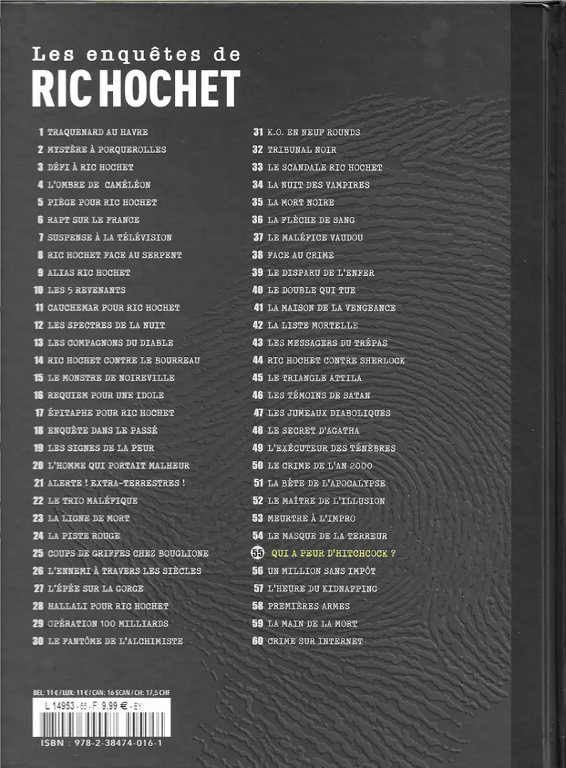 Verso de l'album Les enquêtes de Ric Hochet Tome 55 Qui a peur d'Hitchcock ?
