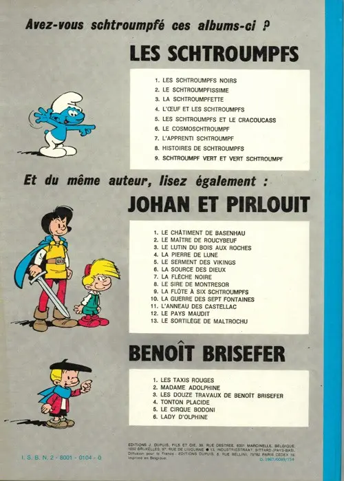 Verso de l'album Johan et Pirlouit Tome 10 La guerre des 7 fontaines