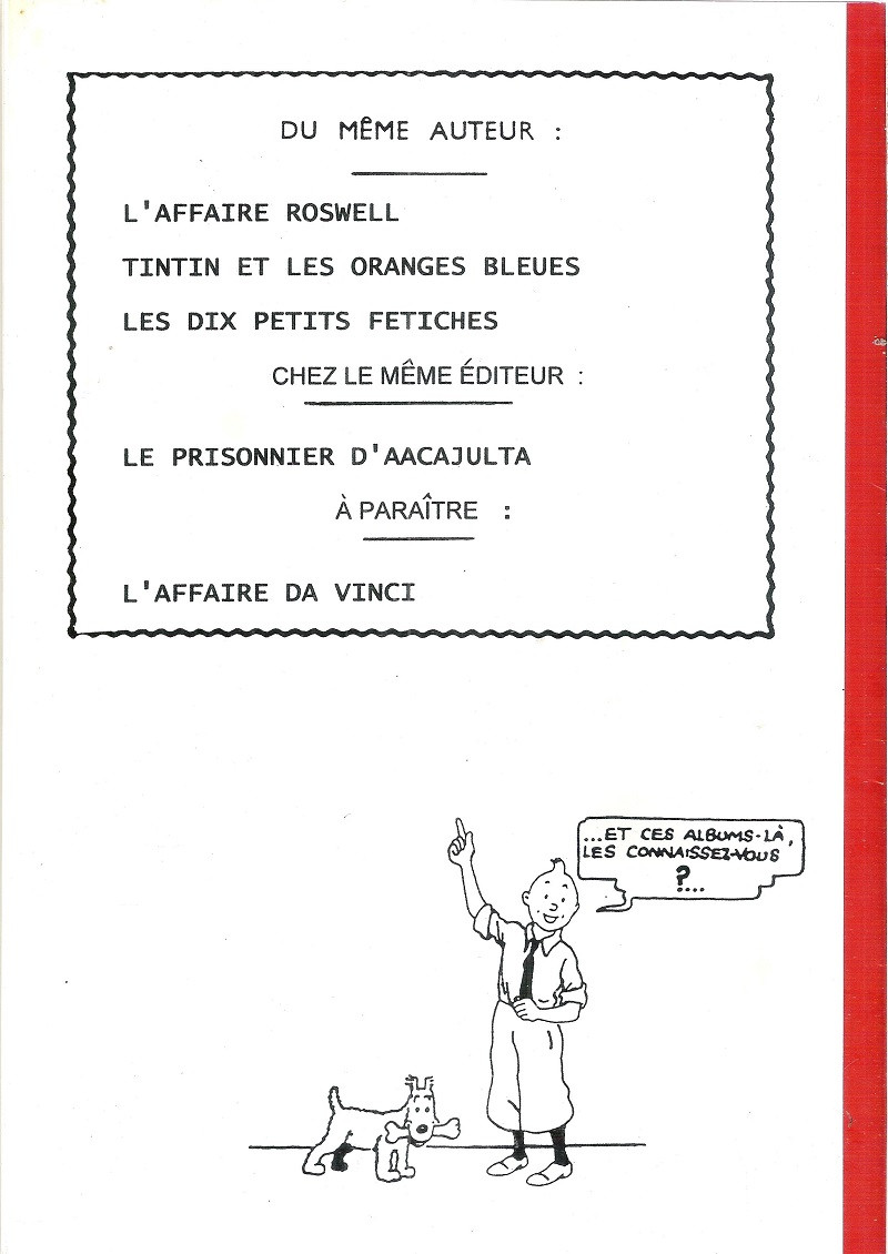 Verso de l'album Tintin L'Affaire Roswell