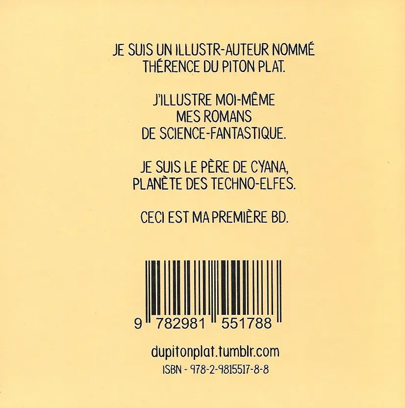 Verso de l'album Techno-Elfes, Chat et Bacon Les mésaventures d'un écrivain sans talent