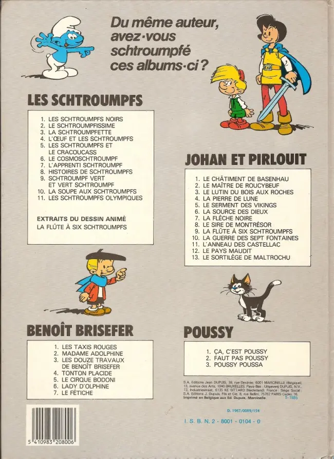 Verso de l'album Johan et Pirlouit Tome 10 La guerre des 7 fontaines