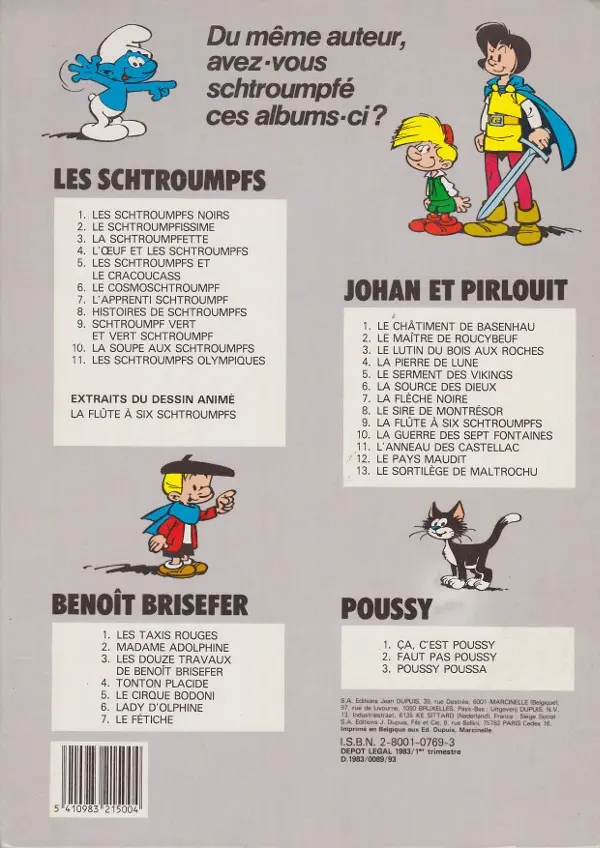 Verso de l'album Les Schtroumpfs Tome 11 Les schtroumpfs olympiques