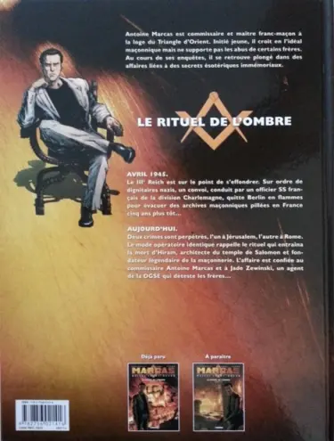 Verso de l'album Marcas, maître franc-maçon Tome 1 Le rituel de l'ombre volume 1/2