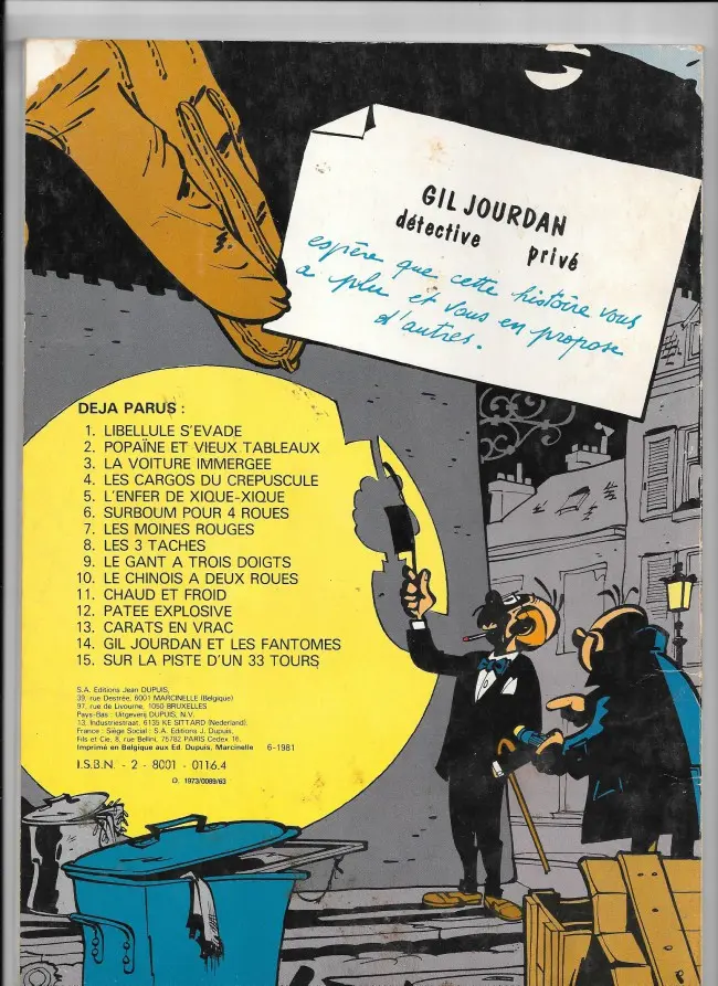 Verso de l'album Gil Jourdan Tome 1 Libellule s'évade