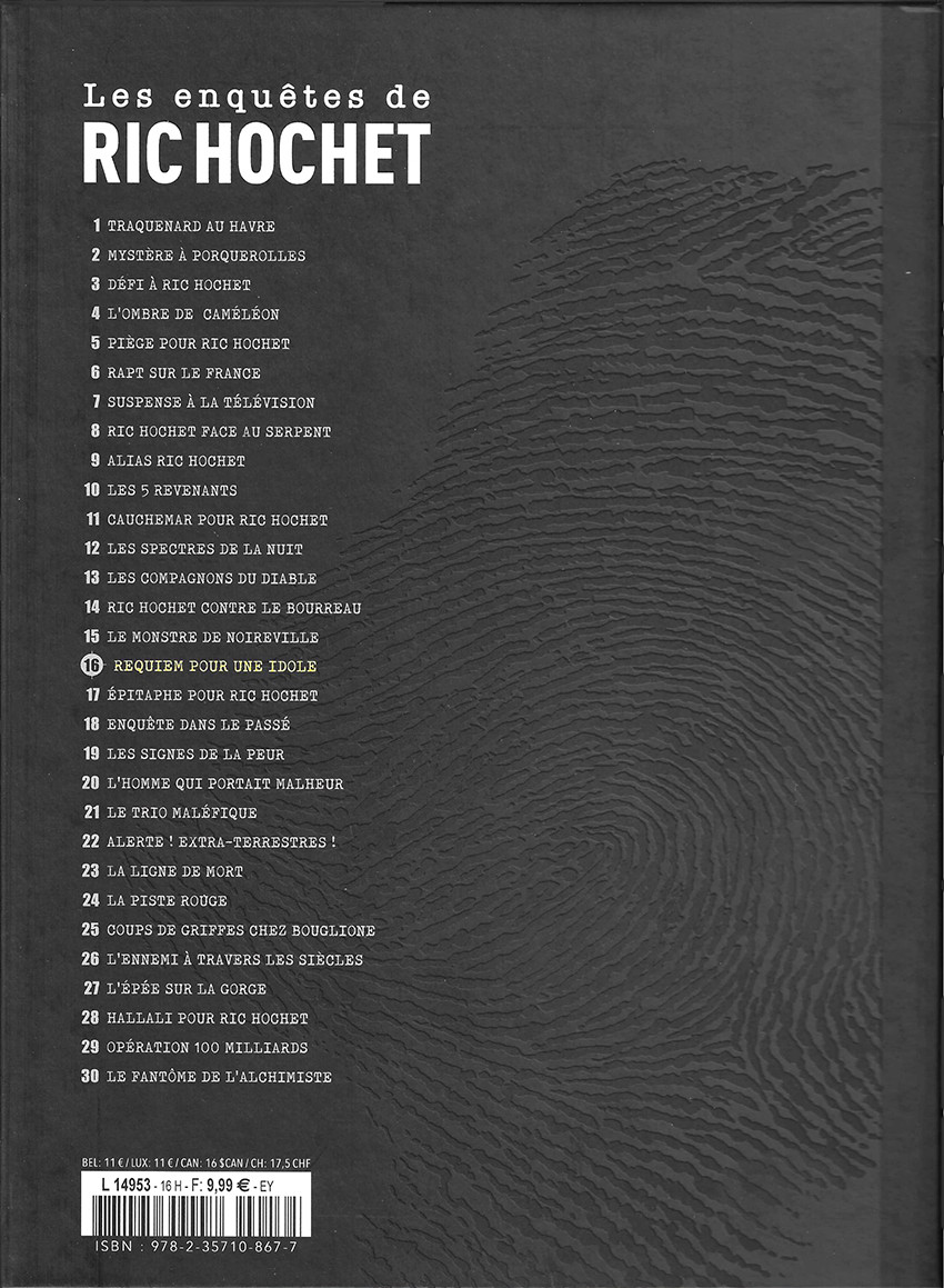 Verso de l'album Les enquêtes de Ric Hochet Tome 16 Requiem pour une idole