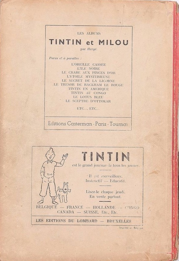 Verso de l'album Tintin Tome 1