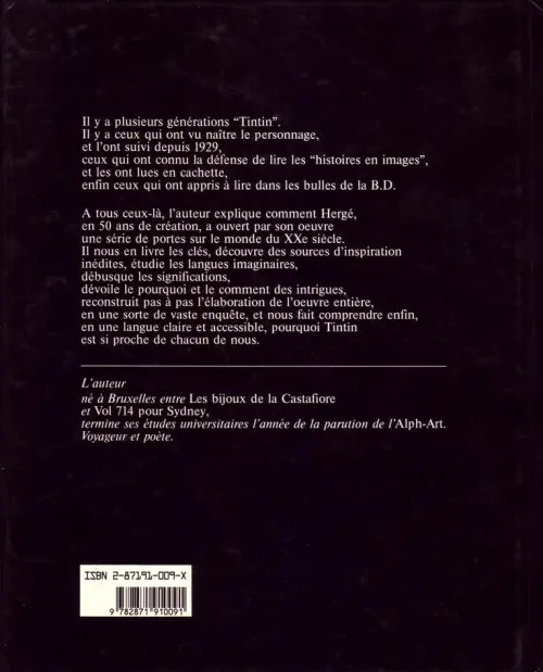 Verso de l'album Dossier Tintin Sources, Versions, Thèmes, Structures