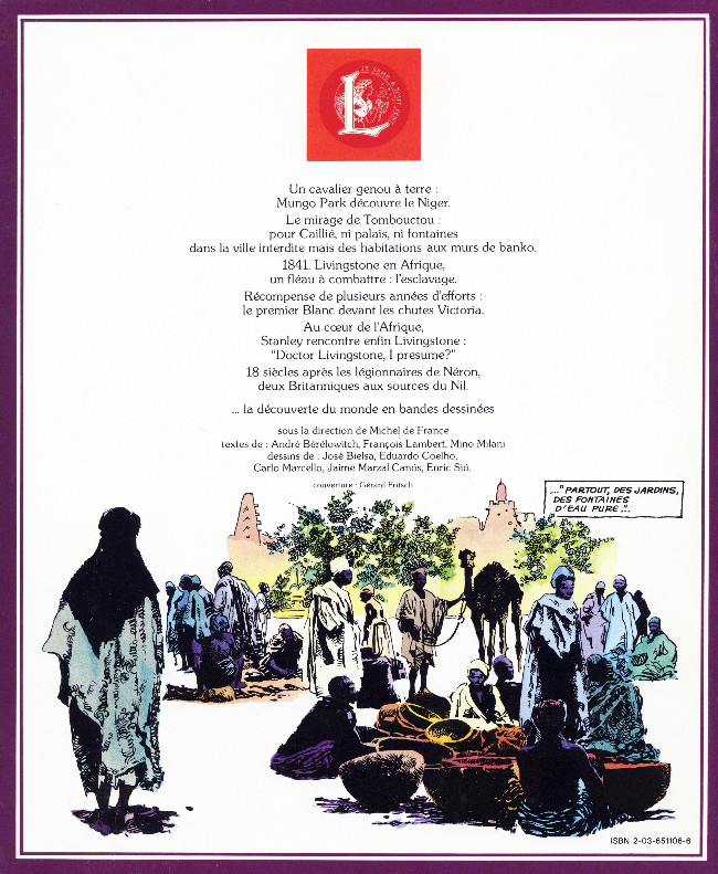 Verso de l'album La Découverte du monde en bandes dessinées Au cœur de l'Afrique - Livingstone-Stanley - Les sources du Nil