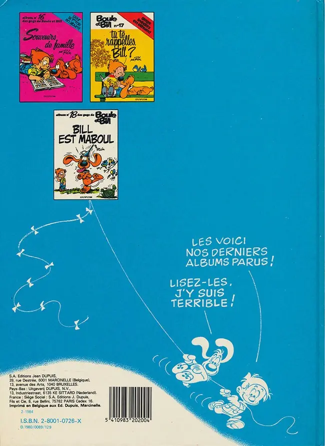 Verso de l'album Boule & Bill Tome 18 Bill est maboul