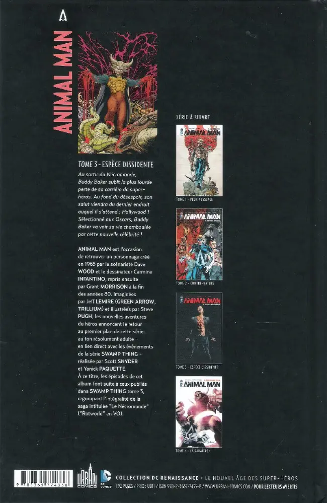 Verso de l'album Animal Man Tome 3 Espèce Dissidente