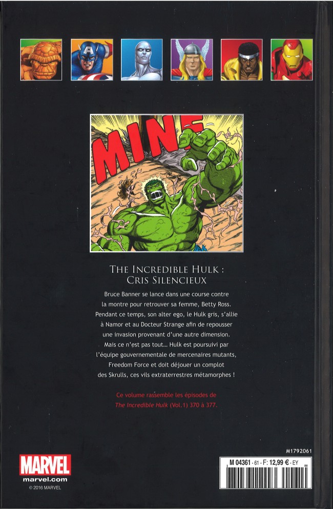 Verso de l'album Marvel Comics - La collection de référence Tome 61 The Incredible Hulk - Cris Silencieux