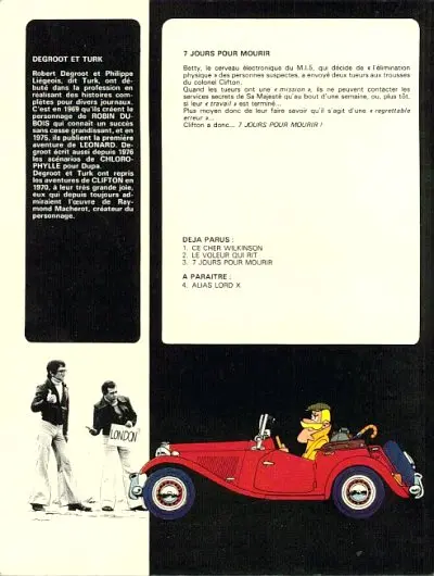 Verso de l'album Clifton Tome 3 7 jours pour mourir