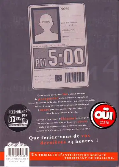 Verso de l'album Ikigami - Préavis de mort 1 Aux confins de la vengeance - La chanson oubliée