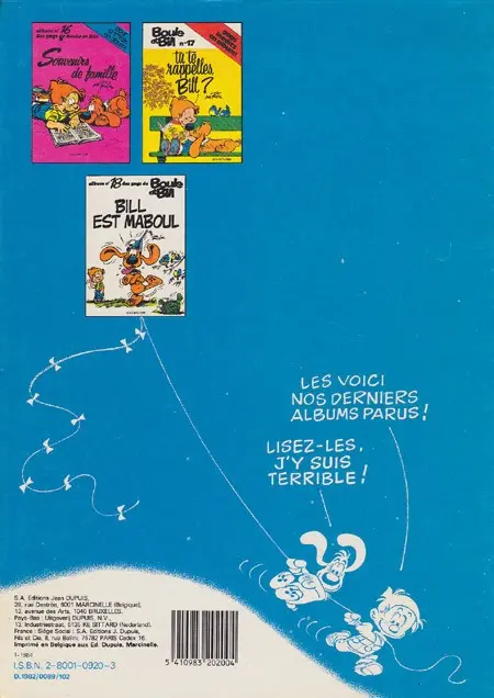 Verso de l'album Boule & Bill Tome 19 Globe trotters