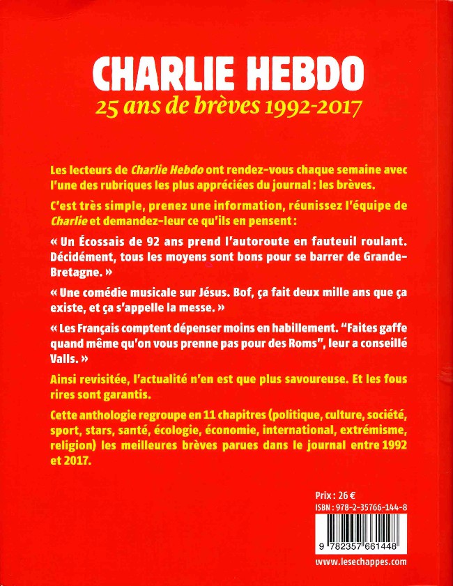 Verso de l'album Charlie Hebdo 25 ans de brèves 1992-2017