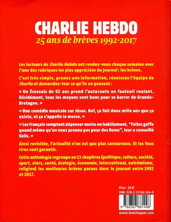 Verso de l'album Charlie Hebdo 25 ans de brèves 1992-2017