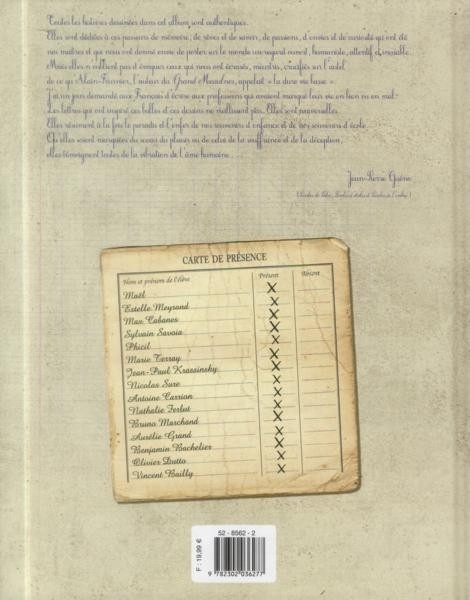 Verso de l'album Paroles d'école Mémoires d'élèves, souvenirs de maîtres