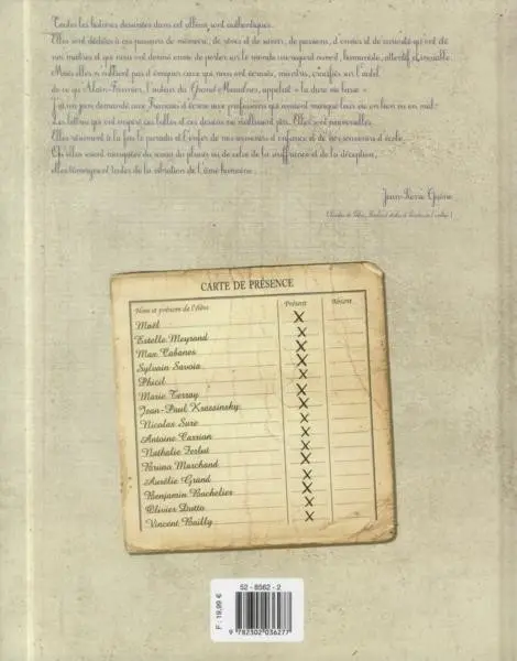 Verso de l'album Paroles d'école Mémoires d'élèves, souvenirs de maîtres