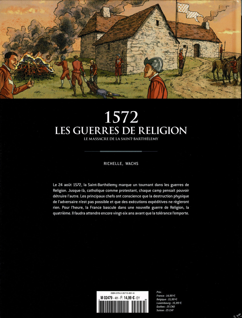 Verso de l'album Les grands personnages de l'Histoire en bandes dessinées 1572 - Les guerres de Religion. Le massacre de la Saint-Barthélémy