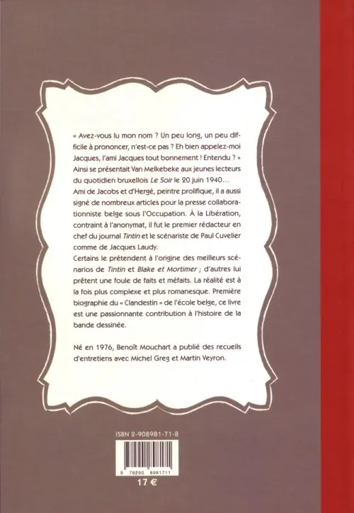 Verso de l'album À l'ombre de la ligne claire Jacques Van Melkebeke le clandestin de la B.D.