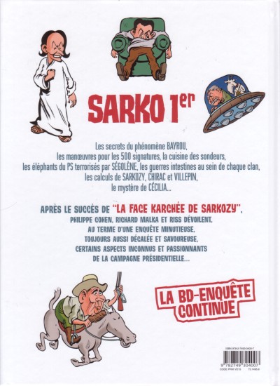 Verso de l'album La Face karchée de Sarkozy Tome 2 Sarko 1er
