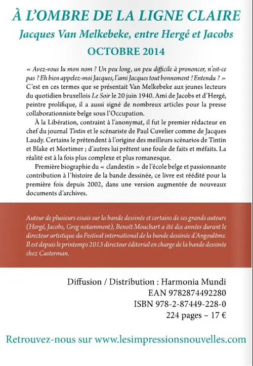 Verso de l'album À l'ombre de la ligne claire Jacques Van Melkebeke entre Hergé et Jacobs