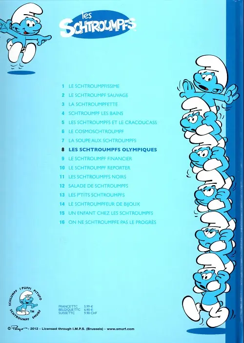 Verso de l'album Les Schtroumpfs Tome 8 Les Schtroumpfs olympiques