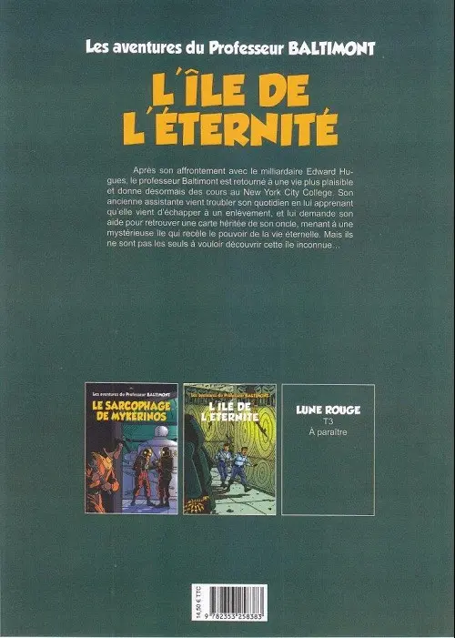 Verso de l'album Les aventures du Professeur Baltimont Tome 2 L'île de l'éternité
