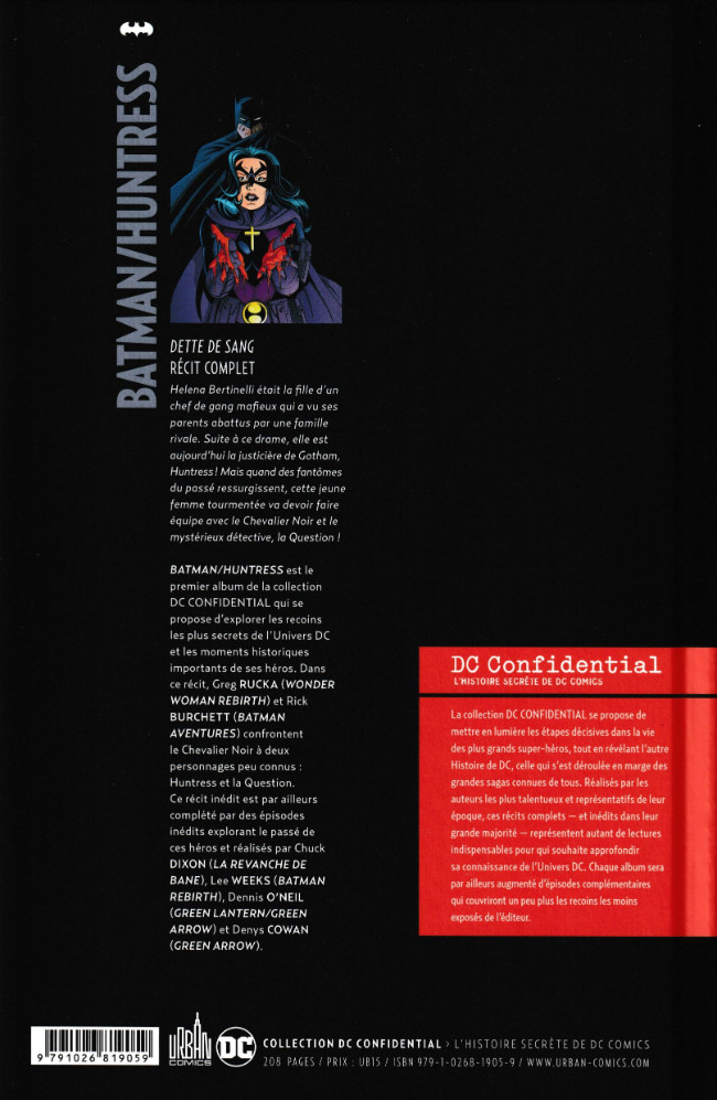 Verso de l'album DC Confidential 1 Batman / Huntress : Dette de sang