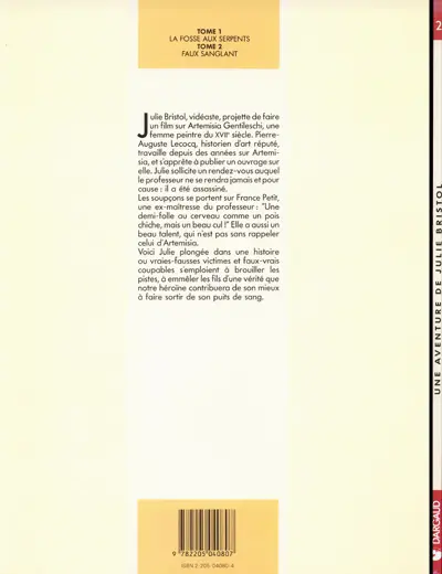 Verso de l'album Une aventure de Julie Bristol Tome 2 Faux sanglant