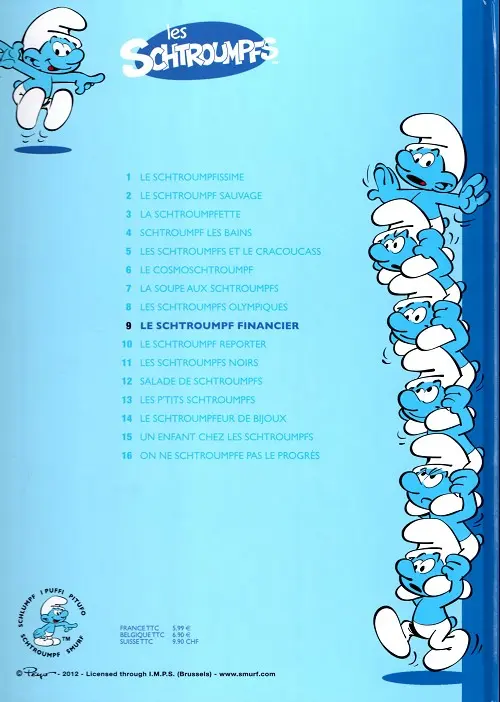 Verso de l'album Les Schtroumpfs Tome 9 Le Schtroumpf financier