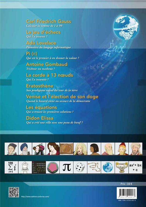 Verso de l'album Histoires extraordinaires des mathématiques et de l'informatique en bandes dessinées Tome 1
