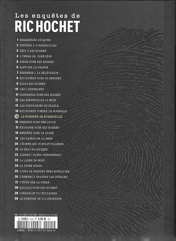 Verso de l'album Les enquêtes de Ric Hochet Tome 15 Ric Hochet le monstre de Noireville