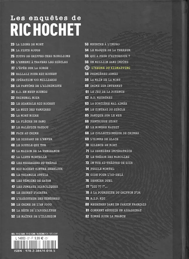 Verso de l'album Les enquêtes de Ric Hochet Tome 57 L'heure du kidnapping
