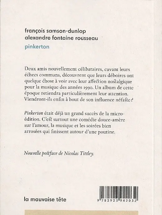 Verso de l'album Pinkerton - La mauvaise tête