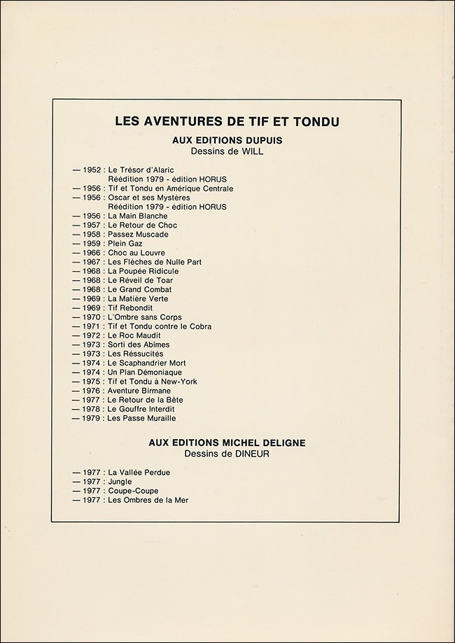 Verso de l'album Tif et Tondu Tome 1 Le trésor d'Alaric