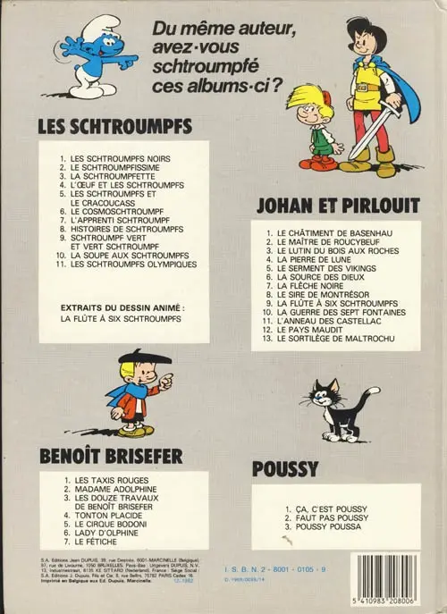 Verso de l'album Johan et Pirlouit Tome 11 L'anneau des Castellac