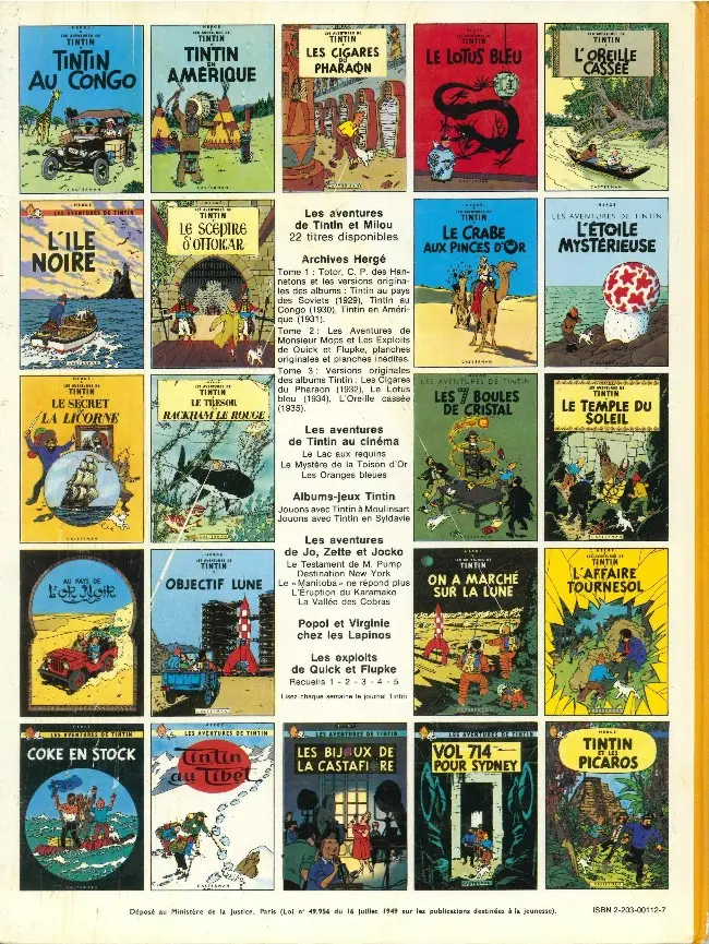 Verso de l'album Tintin Tome 13 Les 7 boules de cristal