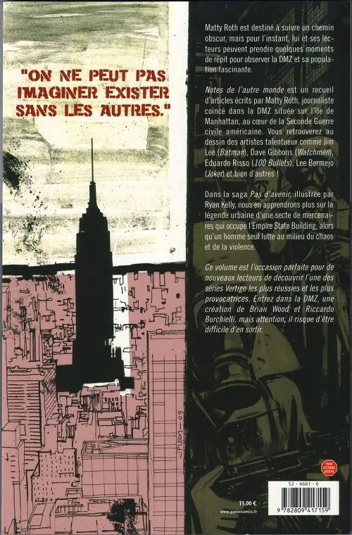 Verso de l'album DMZ Tome 8 Notes de l'autre monde