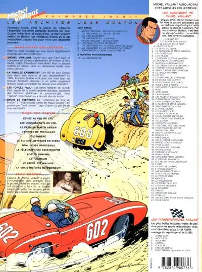 Verso de l'album Michel Vaillant Palmarès inédit Tome 9 Jean Graton illustre l'Oncle Paul vol.01