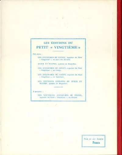 Verso de l'album Tintin Tome 3 Tintin en Amérique