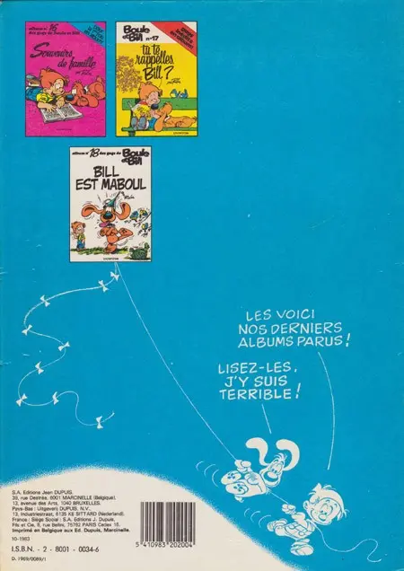 Verso de l'album Boule & Bill Tome 5 60 gags de Boule et Bill