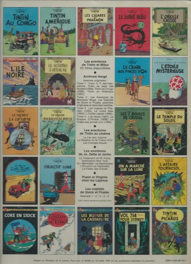 Verso de l'album Tintin Tome 13 Les 7 boules de cristal