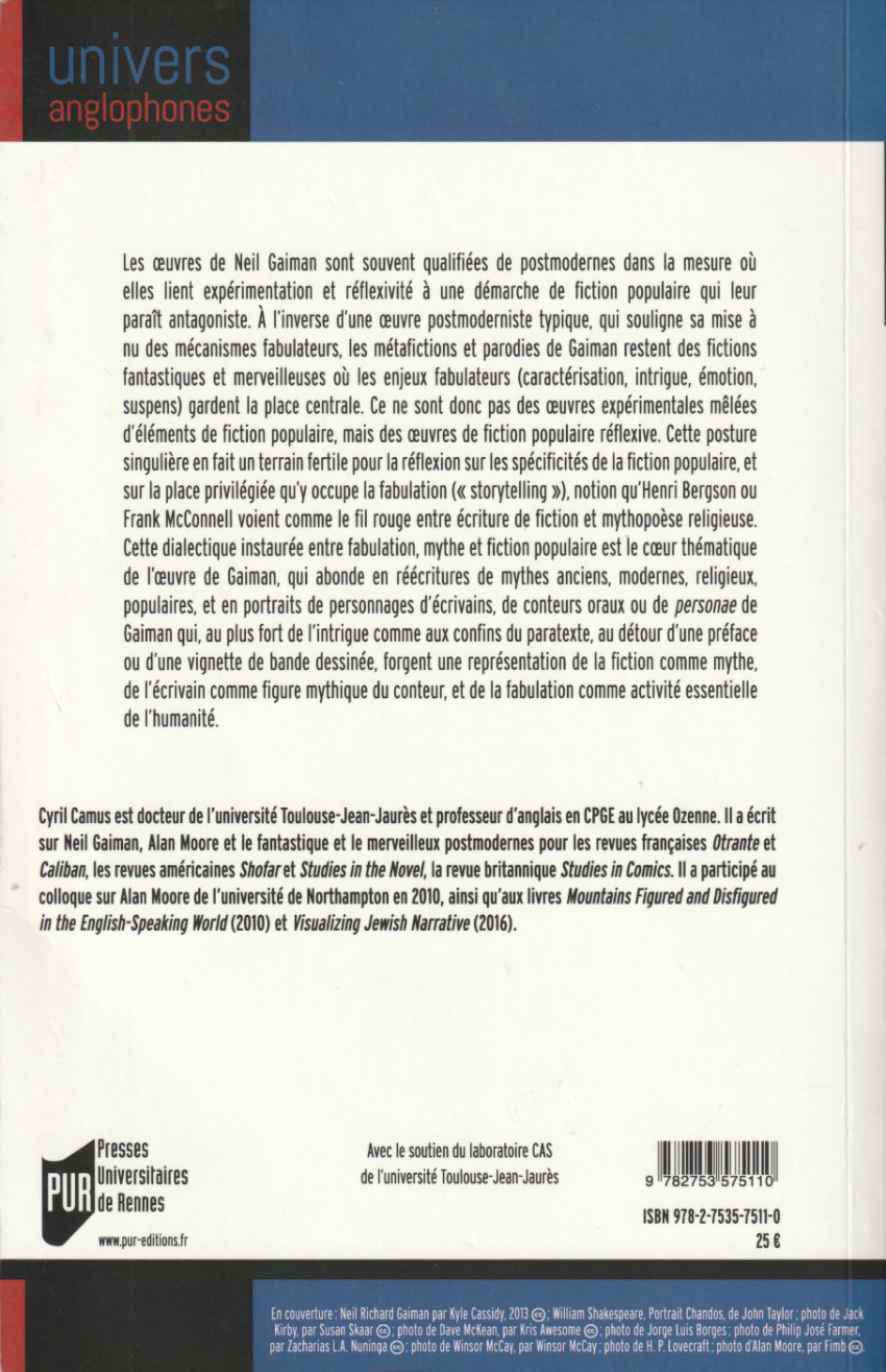 Verso de l'album Mythe et fabulation dans la fiction fantastique et merveilleuse de Neil Gaiman